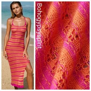 NWT Berlook Boho Pink & Orange Striped Crochet Resortwear Dress